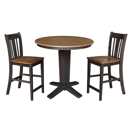 International Concepts 36 in. Solid Wood Round Top Dining Table with 2 Counter Height Stools in Hickory/Washed Coal K45-36RT-23B-S102-2